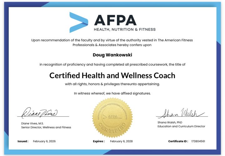 Doug Wankowski’s AFPA Certified Health and Wellness Coach certificate